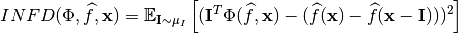 INFD(\Phi, \widehat{f}, \mathbf{x}) = \mathbb{E}_{\mathbf{I} \sim \mu_I } \left [ (\mathbf{I}^T \Phi(\widehat{f}, \mathbf{x}) - (\widehat{f}(\mathbf{x}) - \widehat{f}(\mathbf{x} - \mathbf{I})))^2 \right ]